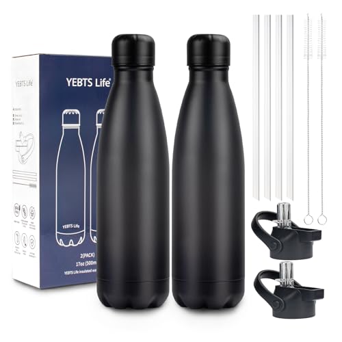 Insulated Water Bottle, 2 Pack-17oz Stainless Steel Water Bottles with straw lid, Metal Sports Water Bottles for Boys,Girls, Double Wall Vacuum BPA-Free Flask for School,Sports & Travel-Black - color: Black/2 pack, size: 17 Ounces