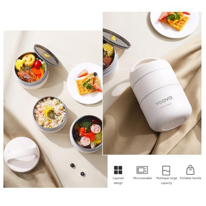 Voova Stackable Stainless Steel Thermal Lunch Box with Lunch Bag and Cultery Set for Adult Women Men, 3 Tier Leakproof & Microwave Safe Insulated Bento Boxes Food Container for Work, Beige - color: Beige