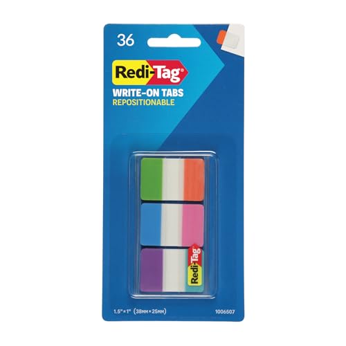 Redi-Tag Write-On Tabs, Repositionable Tabs for Binders and Planners, Removable Pop Up Tags, 6 Vivid Colors, 1" x 1.5", 36 Per Pack (1006507) - color: 6 Vivid Colors, size: Regular Size, 36 Tabs