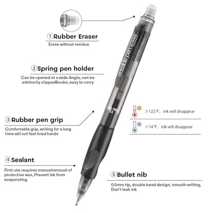12 Pack Clicker Erasable Gel Pens, Fine Point (0.5mm), Black Ink with Eraser, Make Mistakes Disappear, Soft Grip for Students, Writing, Note Taking, School & Office Supplies - color: 12 Black