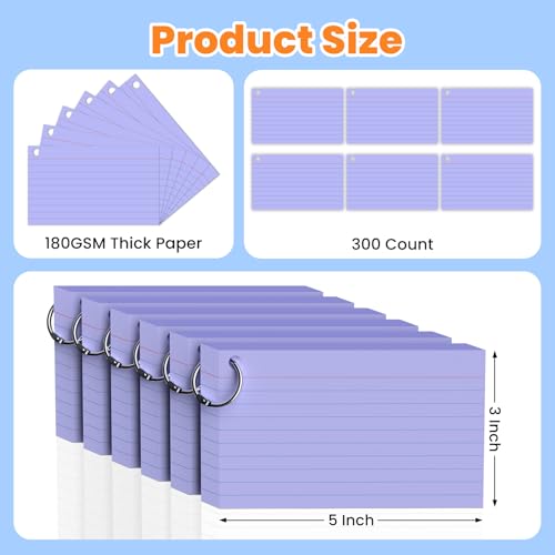 300 Count Purple Index Cards 3x5 Inch with Ring, Heavy Weight Flash Cards, Note Taking Supplies, Portable Note Cards, Study Flashcards for Students & Teachers, Office Home School Study Supplies - color: Purple