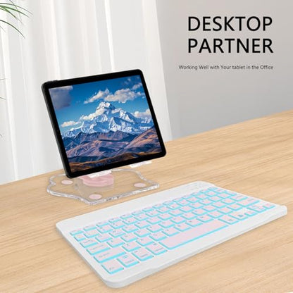 for Bluetooth Keyboard, Cute Tablet Stand Adjustable & Foldable, 7-Color Wireless Rechargeable Keyboard for iPad, iPad Pro/Mini/Air， Samsung Xiaomi Tablets, etc - Pink - color: B-Backlight Keyboard-Pink