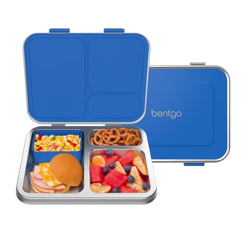 Bentgo Kids Stainless Steel Leak-Resistant Lunch Box - 3-Compartments with Bonus Silicone Container, Durable, Eco-Friendly, Dishwasher Safe, BPA-Free, Ideal for School, Ages 3+ (Blue) - color: Blue