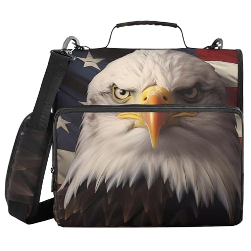 3 Ring Binder Zipper Binders American Flag Serious Eagle Expanding File Folder Bag with Shoulder Strap - color: Multicolored