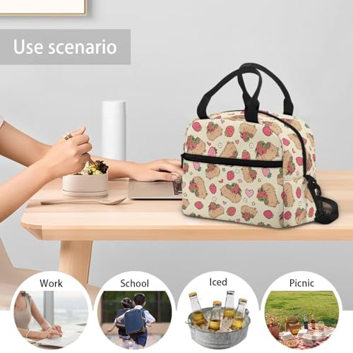 Cute Capybara Kindergarten Lunch Box for Girls 4-6 Strawberry Preschool Lunch Box for Girls 6-8 Kindergarten Meal Bag Toddler Students Elementary School Adjustable Shoulder Strap Lightweight - color: Strawberry Cute Capybara