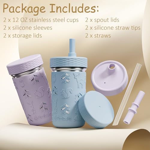 Fimibuke Toddler Cups Spill Proof, 12 OZ Sippy Cups for Kid Girl Boy, Stainless Steel Tumbler with Lid, Removable Silicone Straw & Sleeve, BPA Free Dishwasher Safe Water Bottle Snack Container 2 Pack - color: Purple/Blue, size: 12 Ounces