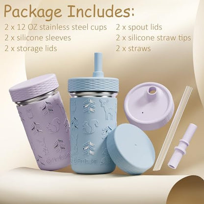 Fimibuke Toddler Cups Spill Proof, 12 OZ Sippy Cups for Kid Girl Boy, Stainless Steel Tumbler with Lid, Removable Silicone Straw & Sleeve, BPA Free Dishwasher Safe Water Bottle Snack Container 2 Pack - color: Purple/Blue, size: 12 Ounces