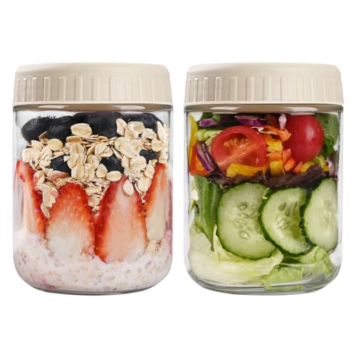 SHOWIN Overnight Oats Containers with Lids, 16oz Glass Jars with Lids 2 pcs, Apricot, Wide Mouth Mason jars for Salad, Yogurt, Snacks, Meal Prep - color: Camel, size: 16oz-2pc