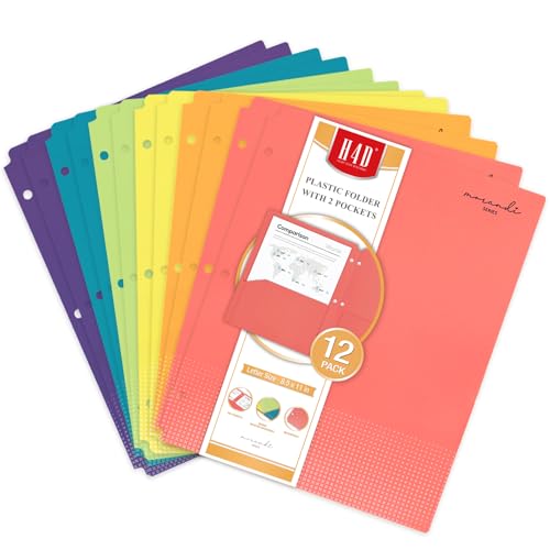 H4D 3-Hole Plastic Folders, 2 Pockets, Letter Size, Primary Colors, 12 Pack | Letter Size, Heavyweight, Durable, Waterproof, PP Plastic, Fits for 3-Ring Binders, Bright Colors - color: Primary Colors