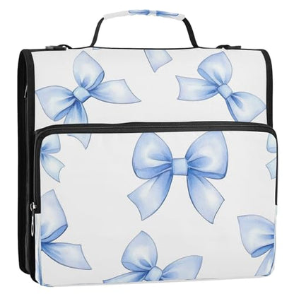 Blue Bow Zipper Binder 3 Ring with Shoulder Strap and Handle Multiple Pockets Expanding File Folder Organizer
