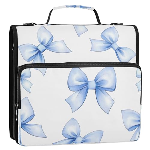 Blue Bow Zipper Binder 3 Ring with Shoulder Strap and Handle Multiple Pockets Expanding File Folder Organizer