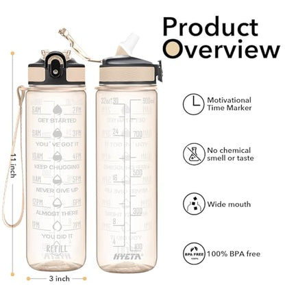 Hyeta Water Bottle with Straw & Time Marker, Plastic 32oz Leakproof | Motivational Tritan BPA Free Gym Office Outdoor Intake Tracker Hourly Reminder Straw Lid Carry Strap - color: Clear Amber