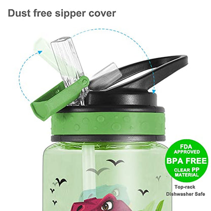 15oz Water Bottle for Kids Girls Boys School, BPA Free, Leak Proof Flip Straw, Carry Loop, Easy Clean - Dinosaur - color: Dinosaur