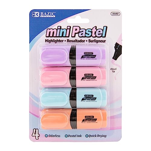 BAZIC PRODUCTS Mini Desk Style Pastel Highlighters, Chisel Tip, 4 Count | Quick-dry, assorted pastel mini desk-style highlighters, compact barrel, non-toxic, ASTM D-4236, odorless - size: 1-Pack