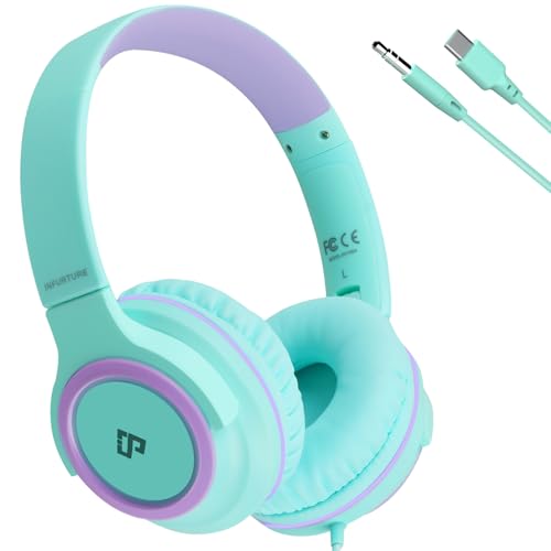 Kids Headphones with 3.5mm & USB C Headphones Kids for School, Over-Ear for Boy Girls, Adjustable Headband,Foldable,Built-in Mic, Safe Volume Wired Headphone for Travel/Classroom, ideal gift for kid - color: Purple