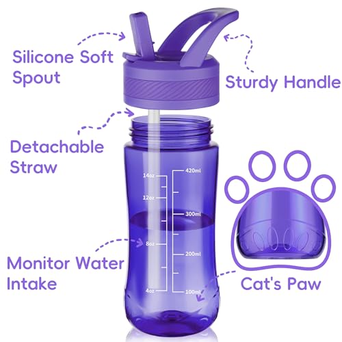 14oz Clear Kids Water Bottle with Straw Lid, BPA-Free Tritan, Measurement Scale, Sturdy Handle Wide Mouth Leak-proof Reusable Plastic Bottle for Boy& Girls, Back to School(Dark Purple) - color: Dark Purple