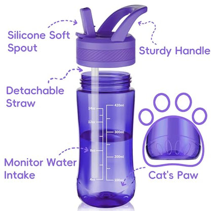 14oz Clear Kids Water Bottle with Straw Lid, BPA-Free Tritan, Measurement Scale, Sturdy Handle Wide Mouth Leak-proof Reusable Plastic Bottle for Boy& Girls, Back to School(Dark Purple) - color: Dark Purple