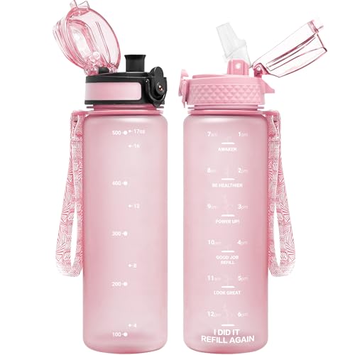 OLDLEY Kids Water Bottle for School, 17 oz (2 lids) BPA-Free Reusable Leak-proof Durable Tritan Plastic Water Bottles with Straw & Chug Lids, Anti-dust Spout Cover (Pink) - color: Pink, size: 17 Ounces