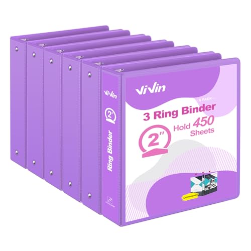 ViVin 2 Inch Round Ring View Binder for Durability, Standard 3 Ring Binder for 450 Sheets of US Letter Size Paper, PVC-Free, 6-Pack (Purple) - color: Purple, size: 2 Inch, style: 6 pack