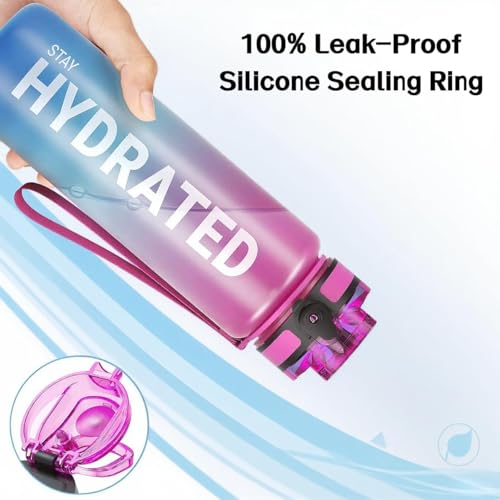 32oz Water Bottle with Time Marker, Leakproof & Motivational Gradient Design, BPA Free, Wide Mouth with Easy Clean Brush for Gym, Travel, Home & Office (Gradient Green-Pruple) - color: Green+Pruple