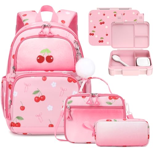Kids Backpack for Girls - 4PCS Girls Backpack Bento Box with Lunch Bag & Utensils Set for Kids - 4 Leakproof Compartments Removable Tray Lunches or Snack Container for School - color: 4pcs C Pink Cherry