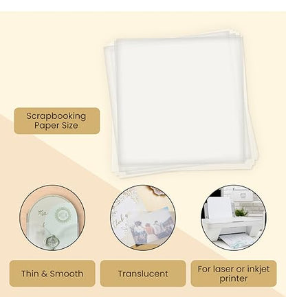 Translucent Vellum Sheets - 100 Sheets, 12 x 12 in, White - 93gsm/63lb Tracing Paper for Drawing & Invitation Paper - Transparent Craft Overlays - size: 12 x 12 inches