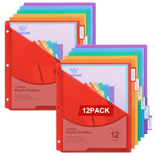 SEEKIND 12PCS 3 Ring Binder Dividers with Tabs,Binder Divider with Pockets,Dividers for 3 Ring Binder Organizer, Multicolor (12)