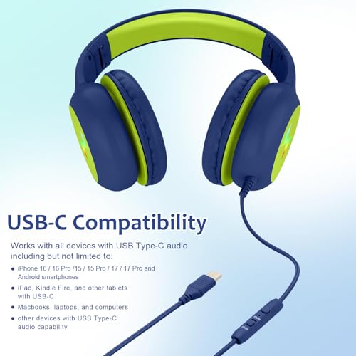 Voopwink 마이크가 있는 아동용 헤드폰, USB 타입 C 헤드폰, 어린이 여아 남아용 코드/LED 조명/85/94dB 볼륨 제한, 학교/여행/태블릿/아이패드용 휴대용 오버 이어 헤드폰 - color: 블루-옐로우.