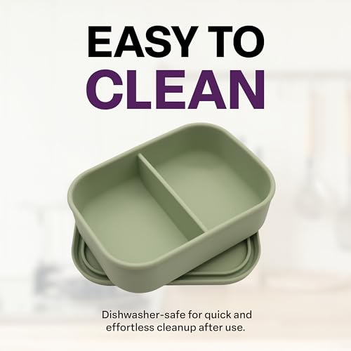 Silicone Bento Box, 2 Compartments, BPA-Free, Leak-Resistant, Dishwasher and Microwave Safe, Perfect for Work, Travel & Meal Prep, (Green) - style: 2 Compartments