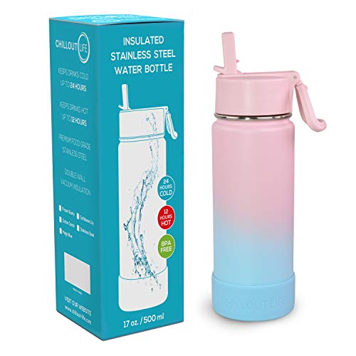 CHILLOUT LIFE 17oz Kids Insulated Stainless Steel Water Bottle with Leak Proof Straw Lid & 144 Stickers - color: Cotton Candy, style: 17 oz
