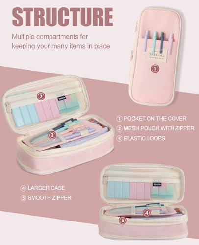 39PCS Aesthetic School Supplies with Cute Pencil Case, 5X Ballpoint Pens with Stylus Tip, 12X Pastel Highlighters, 6X Mechanical Pencil Set 0.5&0.7mm, Suit for Preppy School College Essentials (pink) - color: Pink