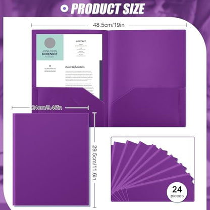 Gueevin 24 Pcs Plastic Folders with Pockets, Back to School Two Pocket Folder Fit Letter Size, Heavy Duty School Business Card Holder for Home Office, 11. 61 x 9. 45 Inches (Purple) - color: Purple