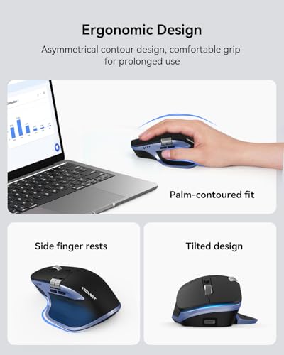 TECKNET Wireless Mouse, Bluetooth Mouse (BT5.3/5.0 & 2.4G) Rechargeable Ergonomic Optical Mouse with 6 Adjustable DPI, Side Scroll, USB A Receiver, 7 Buttons, Wide Compatibility - Black & Blue - color: Black & Blue