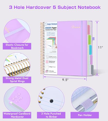 5 Subject Notebook College Ruled,80GSM Paper Thick Hardcover Spiral Notebook Lined Journal with Removable Dividers Tabs,400pages 8.5"x11" Paper Large Notebooks for School Work,3-Hole Punched, Purple - color: Purple