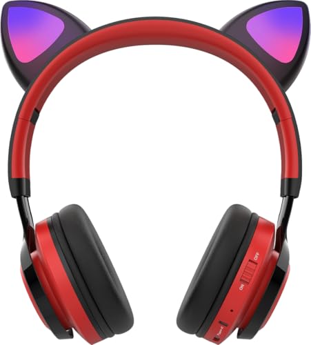 Riwbox CT-7 Cat Ear Bluetooth Headphones, LED Light Up Bluetooth Wireless Over Ear Headphones with Microphone and Volume Control for Travel/School/Smartphones/Laptop/PC/TV （Red&Black） - color: Red&Black