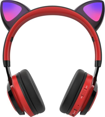 Riwbox CT-7 Cat Ear Bluetooth Headphones, LED Light Up Bluetooth Wireless Over Ear Headphones with Microphone and Volume Control for Travel/School/Smartphones/Laptop/PC/TV （Red&Black） - color: Red&Black