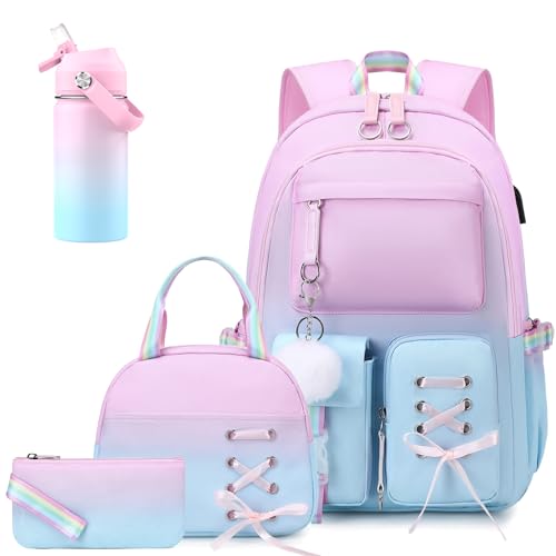 ACESAK Kids School Backpack for Girls, 4-In-1 Bookbag Backpack Set with 14OZ Insulated Kids Water Bottle (Pink Blue) - color: Pink-to-blue Gradient