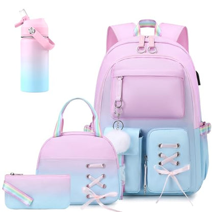 ACESAK Kids School Backpack for Girls, 4-In-1 Bookbag Backpack Set with 14OZ Insulated Kids Water Bottle (Pink Blue) - color: Pink-to-blue Gradient