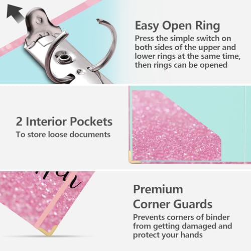 3 Ring Binder 2 Inch, Cute Pink Round Ring Binders with 6 Tab Dividers, Labels Stickers, Low Profile Clipboard with Storage, Fashion Binder School Office Supplies(Stay Positive) - color: Stay Positive