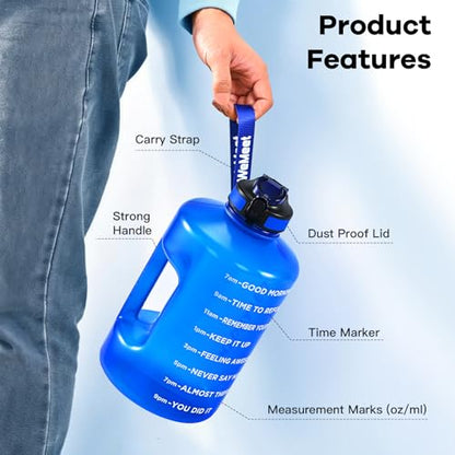 WEMEET 1 Gallon Water Bottle with Handle, 128oz LeakProof Reusable Gym Water Bottle with Capacity Scale, BPA Free, Ideal for Gym and Outdoor Life (Blue) - color: Blue