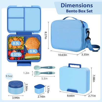 Kids Bento Lunch Box Set with 9.5oz Soup Thermo, Leak-Proof Lunch Food Containers with 3 Compartment and Removable Inner Tray, Insulated Hot Food Jar with Lunch Bag for School, Office, Blue - color: Blue