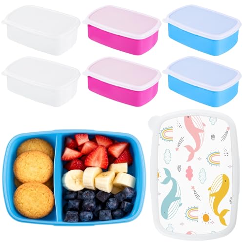 6 Pcs Sublimation Bento Boxes, Food-Safe Plastic Bento Box Snack Container with Removable Compartment, Microwave & Dishwasher Safe, 7.1 x 4.4 x 2.3 in, Blue, Rose Red & White