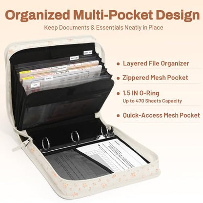 Zipper Binder with Handle, 1.5 Inch O-Ring, 325 Pages Capacity, with 5-Tab Expanding File Folder for Classified Storage, for Middle School Students, Pink Little Flower - color: Pink Little Flower