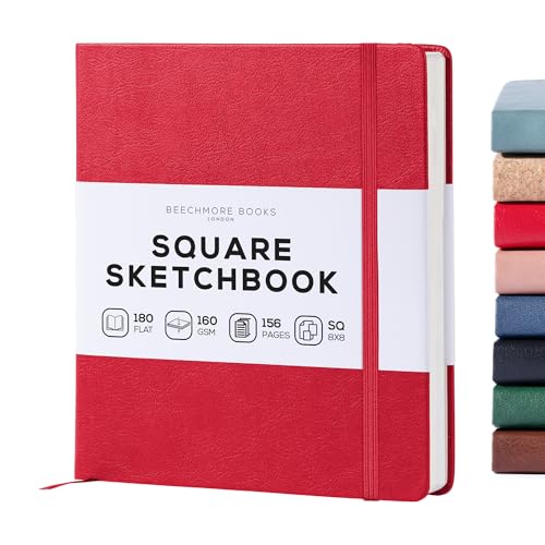 Beechmore Books Square Mixed Media Sketchbook - 8"x8" Professional Art Journal, 160 GSM / 98 lb Ivory Paper, Perforated Pages, Vegan Leather Hardcover, Lay-Flat Design for Drawing & Doodling - color: Scarlet Red, size: Square - 8" x 8"