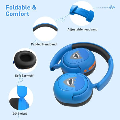 Kids Bluetooth Headphones, Wireless Headphones for Kids, 75/85/94dB Volume Limited, Built-in Mic, Fast Charging, Over-Ear Shark Childrens Boys Teens Headset for School/Tablet/Pad/Travel - style: Shark