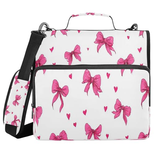 Caikeny 3 Ring Zipper Binder Pink Bows Hearts White Hand Drawn 1.5 inch Binders Bag Expanding File Pockets with Shoulder Strap and Handle - color: Multicolored 1z83.7
