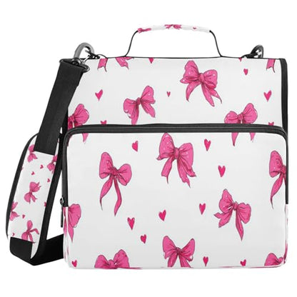 Caikeny 3 Ring Zipper Binder Pink Bows Hearts White Hand Drawn 1.5 inch Binders Bag Expanding File Pockets with Shoulder Strap and Handle - color: Multicolored 1z83.7
