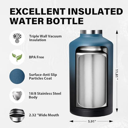 One Gallon Insulated Water Bottle, Triple Wall Vacuum 128 oz Stainless Steel Water Bottles (Cold for 48 Hrs), Leak Proof, Non-BPA, Large Water Flask Jug with Straw Lid & Spout Lid - color: Deep Blue& Black-Y, size: 128 Ounces