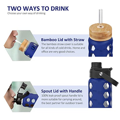 MUKOKO 24oz Glass Water Bottle, Blue | Glass Tumbler with Straw, Drinking Bottles with 2 Lids-Handle Spout Lid & Bamboo Straw Lid, Silicone Sleeve, 1 Pack - color: Bule, size: 24 Ounces