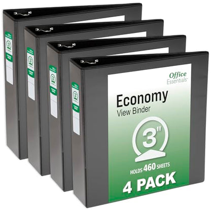 Office Essentials Economy View 3 Ring Binders, 3" Round Rings, 3.5" Spine, 460-Sheet Capacity, Black Binders (4-Pack of 03149) - size: 3"